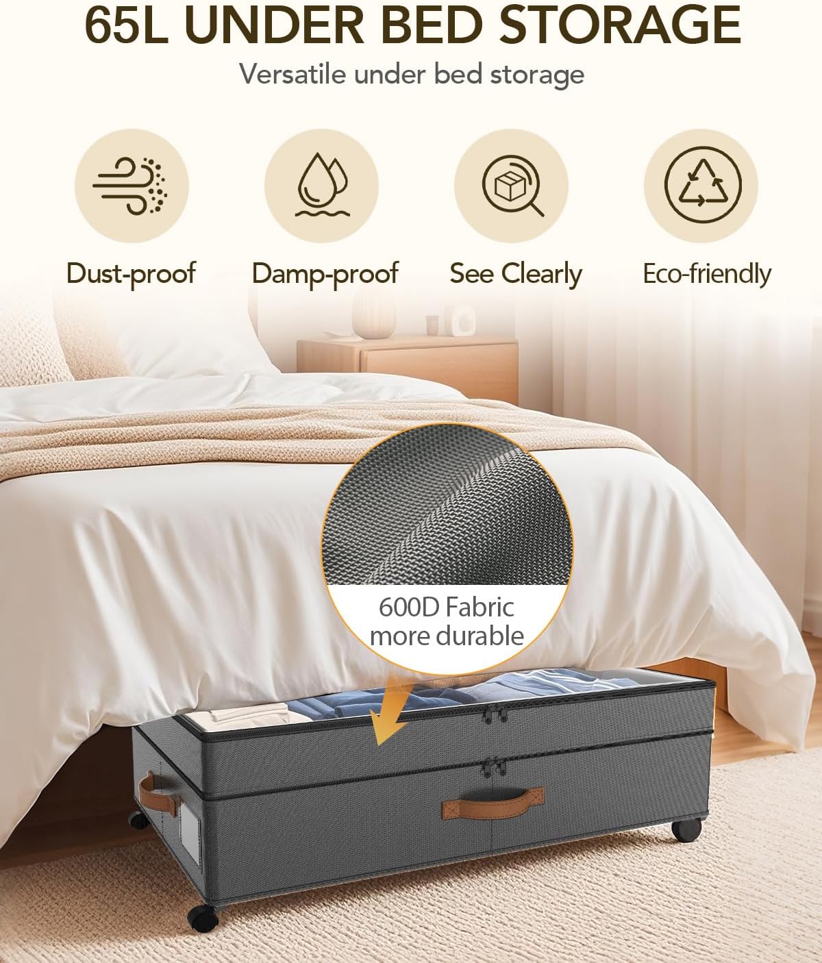 Under Bed Storage with Wheels, 10 inches Under the Bed Storage Containers Large, 65L XXL Adjustable Storage for Underbed with Lids, Rolling for Shoes, Clothes, Blankets, Grey