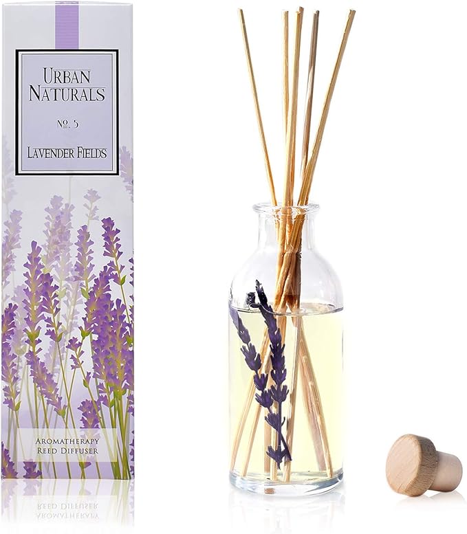 Urban Naturals Lavender Fields Oil Essential Oil Reed Diffuser Set with Real Lavender Stems! French Blossoms, Geranium & Clary Sage | #1 Gift Idea for Aromatherapy & Stress Relief | Vegan | USA Made