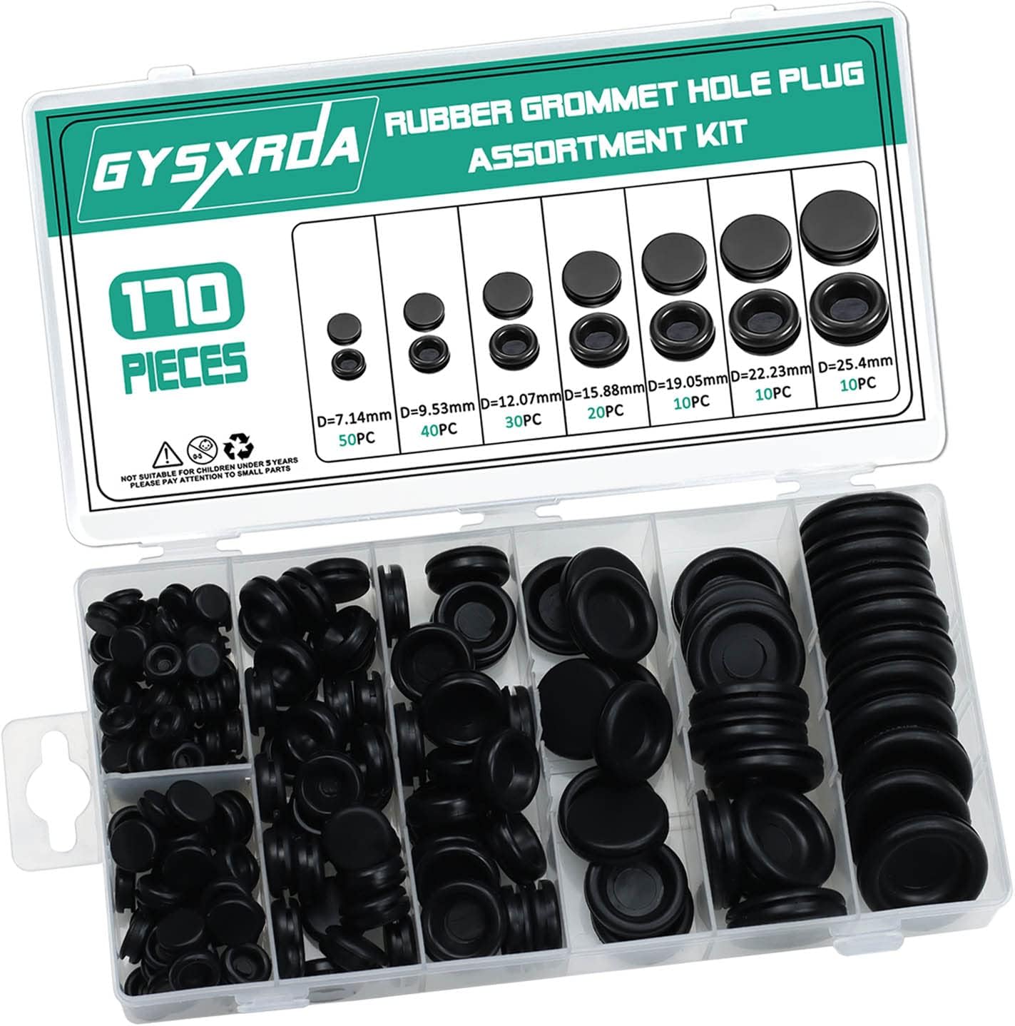 Rubber Grommet Kit 170 Pack - Black Firewall Grommet Assortment 7 Sizes Rubber Cable Hole Plug for Holes, Electrical, Plumbing, Automotive, Boat, Home Improvement Cord Wire Pipe Organization