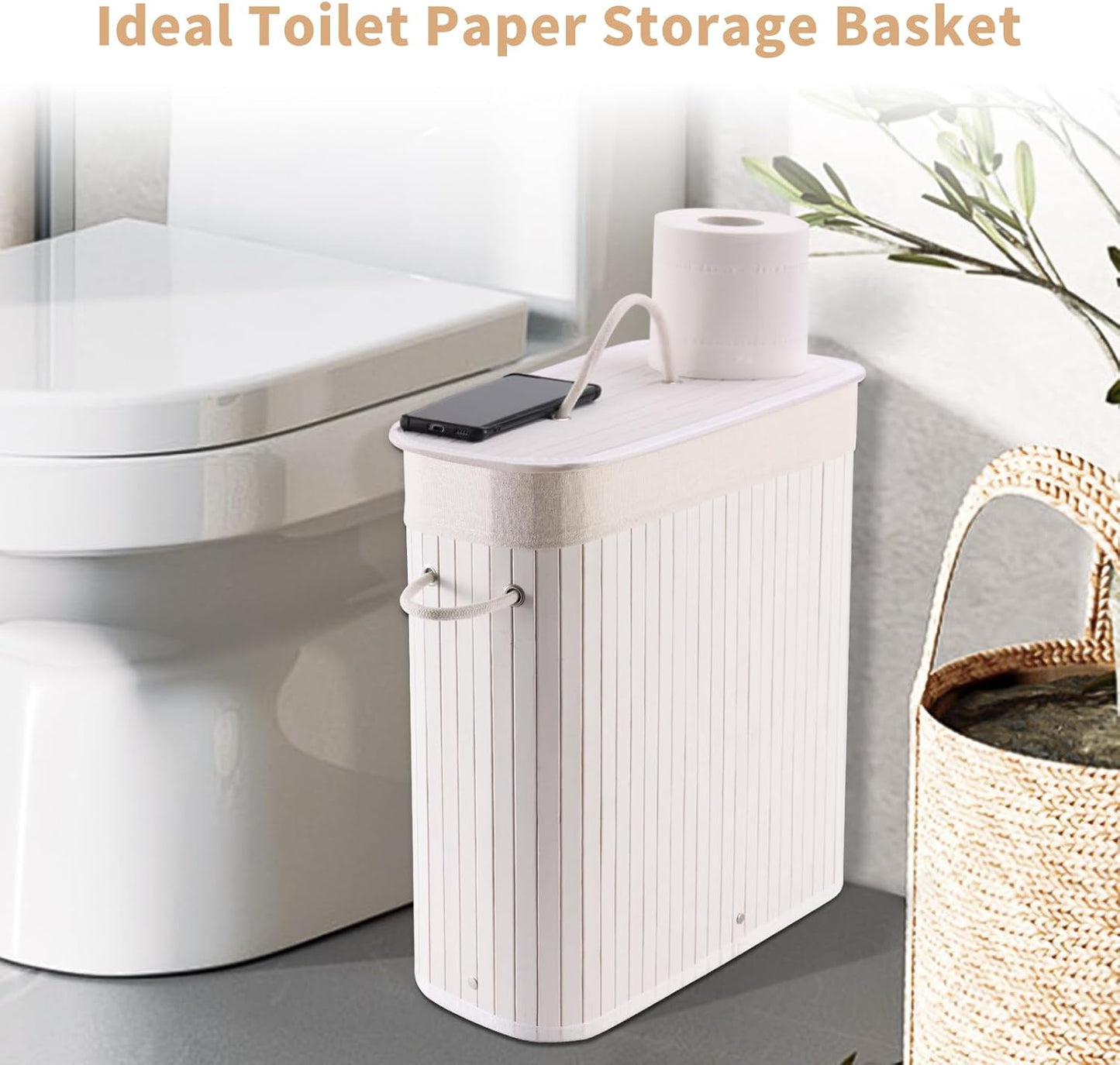 Bamboo Toilet Paper Storage with Lid & Handel, 8 Gallons (30L), Sturdy Toilet Paper Basket, Organizer for Bathroom, Kitchen, Holder with Storage, White