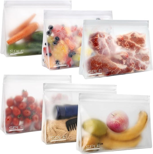 SPLF 6 Pack Reusable Half Gallon Freezer Bags, Reusable Food Storage Bags, Bpa Free Stand Up Extra Thick Leakproof Silicone and Plastic Free Zipper Sandwich Snack Lunch Bags