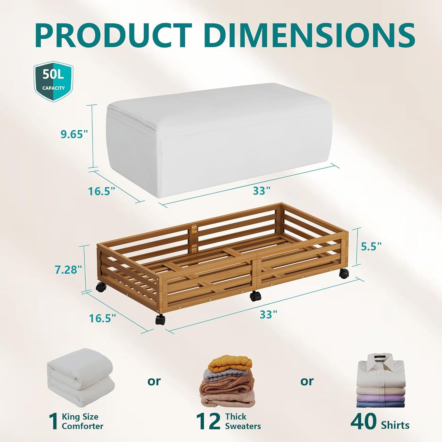 Bamboo Under Bed Storage Containers- Underbed Organizer with Wheels with Large Capacity Dust Bag,Sturdy Wood Rolling Under Bed Shoe Storage Organizer 2 Packs (Walnut, 2 Packs (33.07"×16.54"))