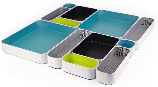 Three by Three Seattle 12 Piece Metal Organizer Tray Set for Storing Makeup, Stationery, Utensils, and More in Office Desk, Kitchen and Bathroom Drawers (2 Inch, Assorted Colors, Stripes)