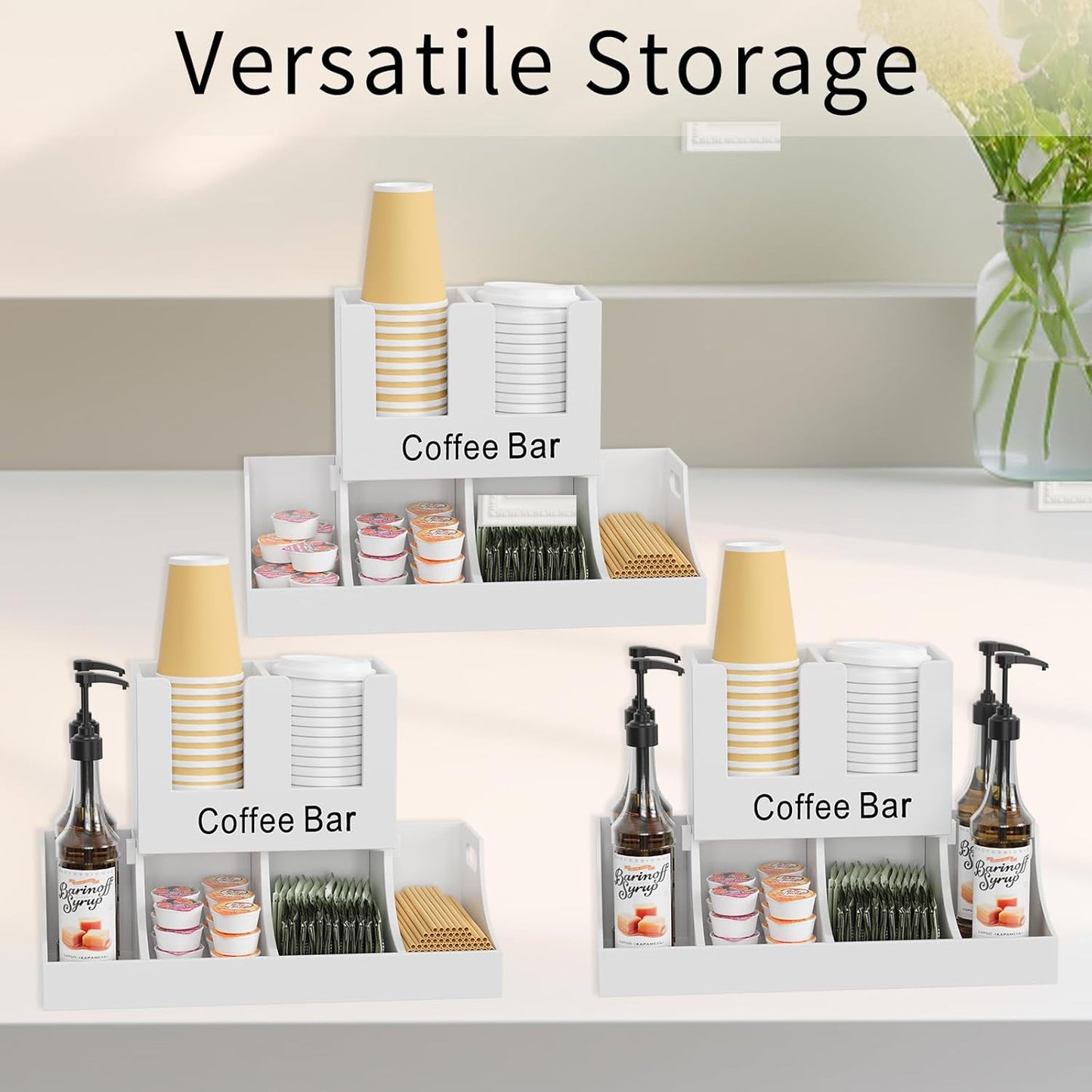 Coffee Station Organizer, Wooden Coffee Bar Organizer for Countertop, Condiment and Cup Storage Organizer, Bar Accessories for Kitchen, Office, Home, White