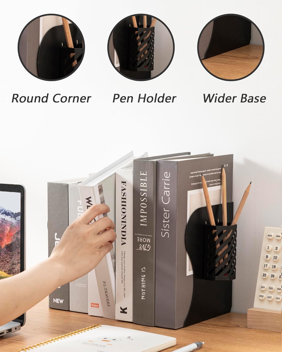 Kingsmile Book Ends, Adjustable Bookends for Shelves, Metal Bookends for Heavy Books, Book Stopper Organzier with Pen Holder for Desk, Kids Room, Office, Classroom, Library, Study Room.(Black)