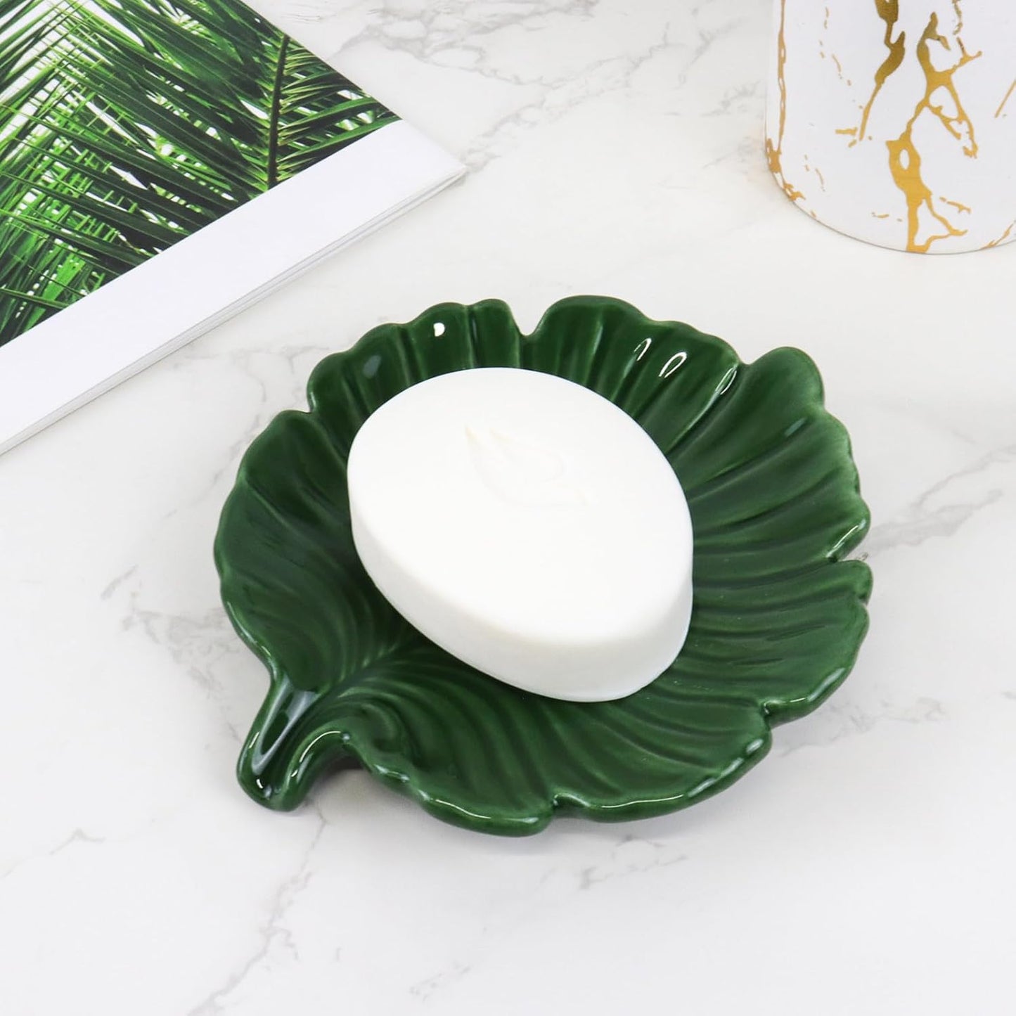 Elegant Bathroom Soap Dish,Ceramic Soap Dish Holder in Palm Leaf Style,Self-Draining Design for Bathroom