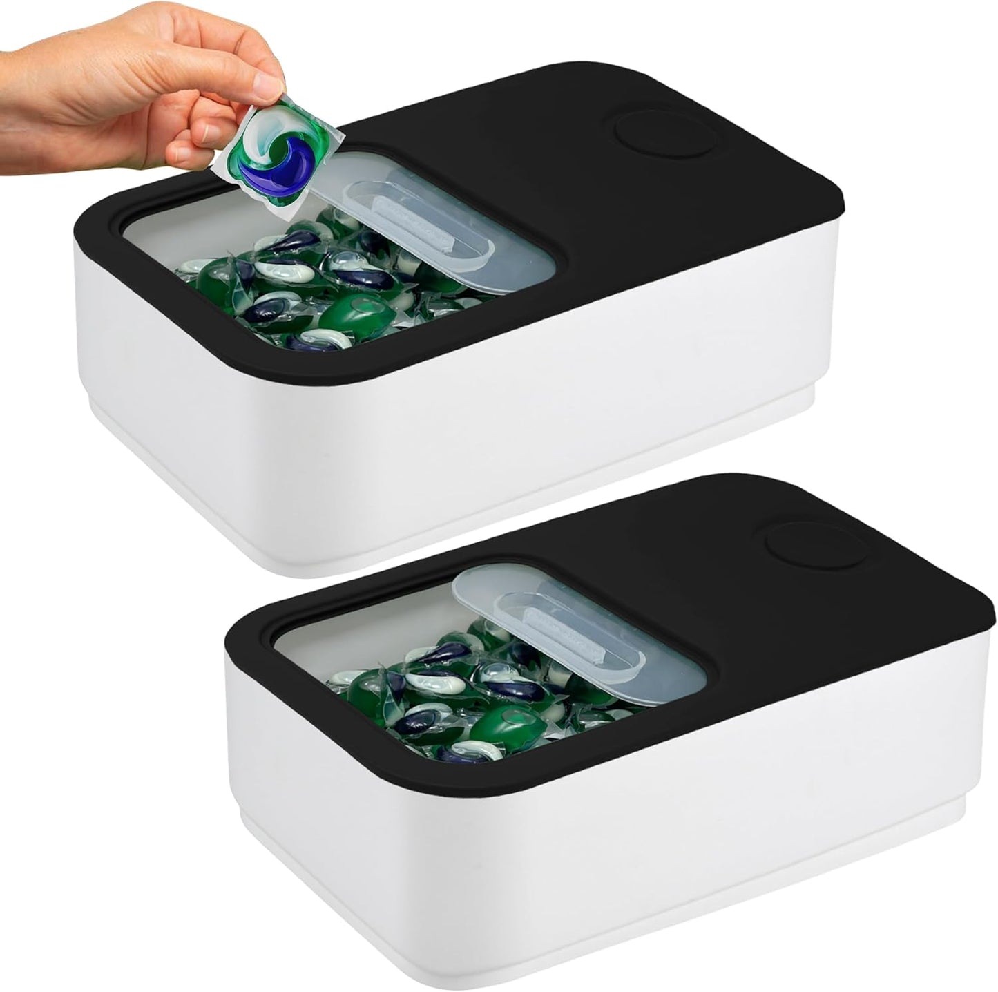 Skywin-2 Pack Laundry Pods Container with Slide Lid (Black),Laundry Pod Holder 15x8.7x4.5 In,Holds 11 Pounds, Fits 2 Bottles of Detergent,120-150 Pods,Laundry Pod Container, Dishwasher Pods Container