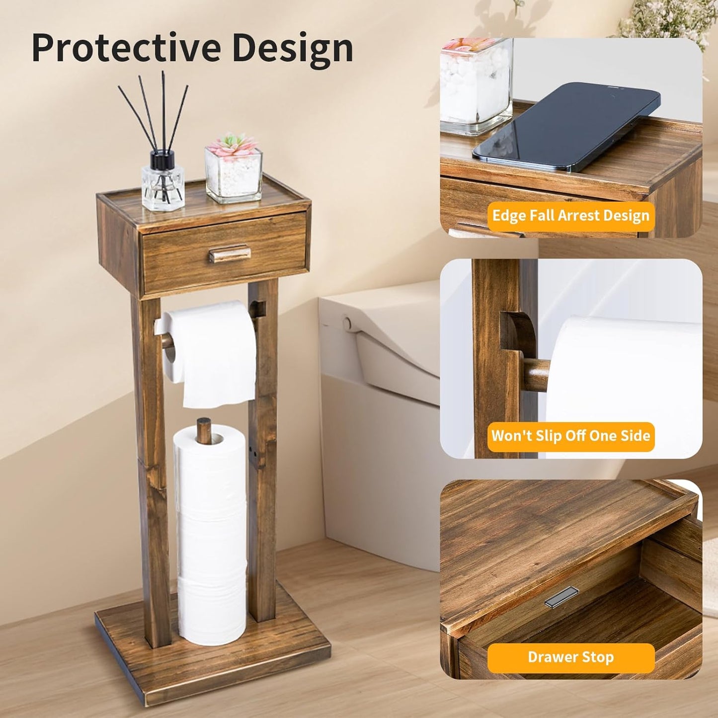 Freestanding Bathroom Toilet Paper Holder Stand with Shelf, Farmhouse Wooden Toilet Paper Roll Holder with Wet Wipes Storage Drawer(Brown)