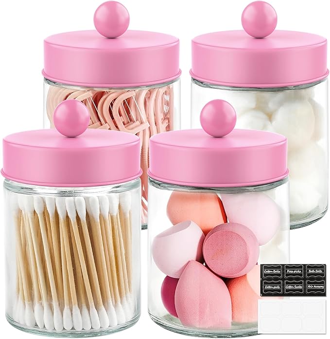 4 Pack Glass Apothecary Jars with Lids for Bathroom, Cute Qtip Holder, Pink Bathroom Accessories Set, Small Bathroom Canisters with Lids for Q-Tips, Cotton Swabs, Pink Bathhouses Decor