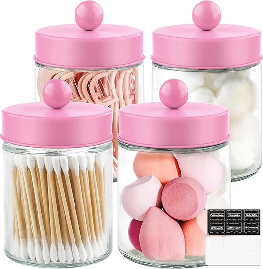 4 Pack Glass Apothecary Jars with Lids for Bathroom, Cute Qtip Holder, Pink Bathroom Accessories Set, Small Bathroom Canisters with Lids for Q-Tips, Cotton Swabs, Pink Bathhouses Decor