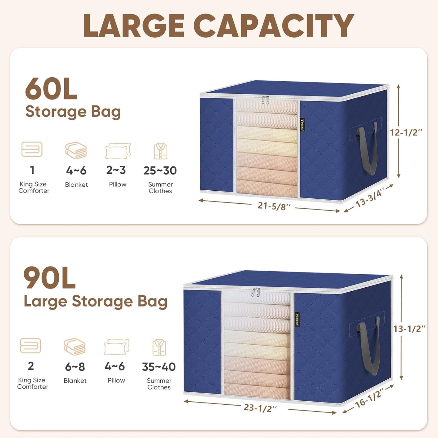 BALEINE 6 Pack Clothes Storage Bags, 16 Gallon Storage Containers with Reinforced Handle, Sturdy Zipper, Closet Organizer for Blanket, Comforter, Pillow, Bedding (Blue, 6 Pack)