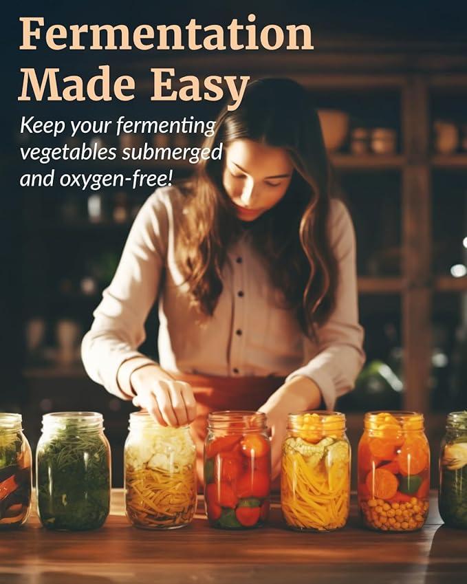 Elementi Fermenting Kit - Set of 2 Glass Fermenting Weights and Wide Mouth Mason Jar Fermentation Lids - Sauerkraut and Pickling Kit - Turn Any Mason into a Fermentation Crock