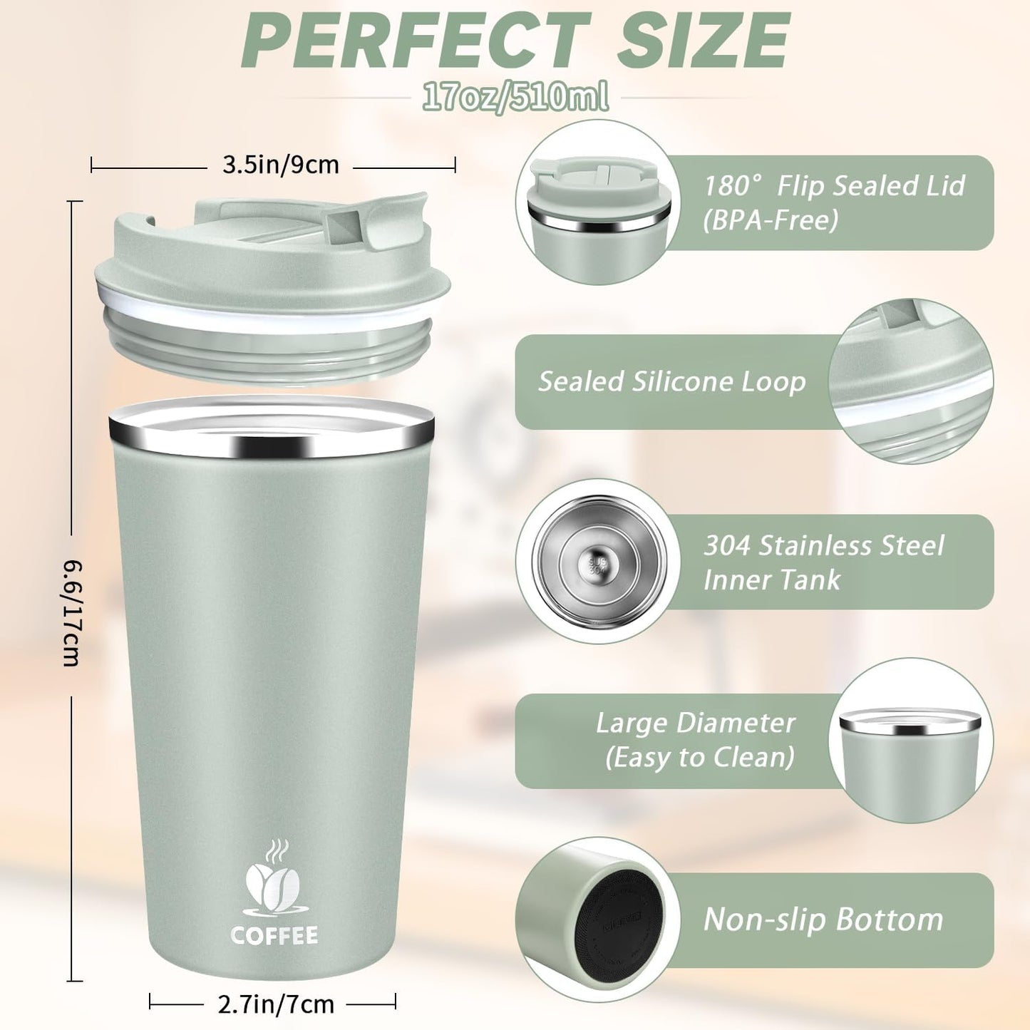 Insulated Travel Coffee Mug Reusable Coffee Tumbler Cup with Flip Lid Leak Proof Spill Proof for Office School Party Camping Hot and Cold Drink,Stainless Steel 17oz (Agave Green)
