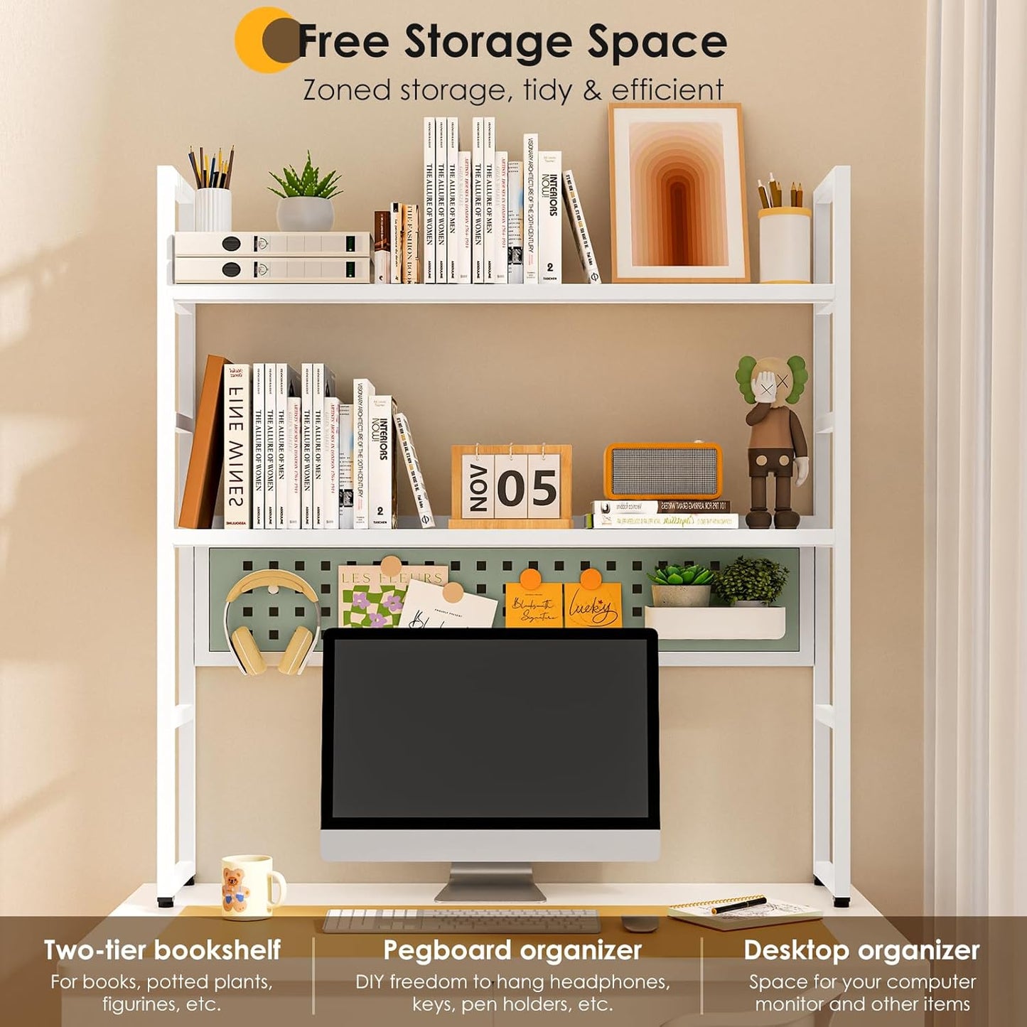 Desk Shelf, 35.43" Desk Hutch Bookshelf, Desktop Shelf with Pegboard for Computer Monitor, Metal Desktop Hutch Storage Organizer for Dorm Home Office, 2 Tier Bookcase, White