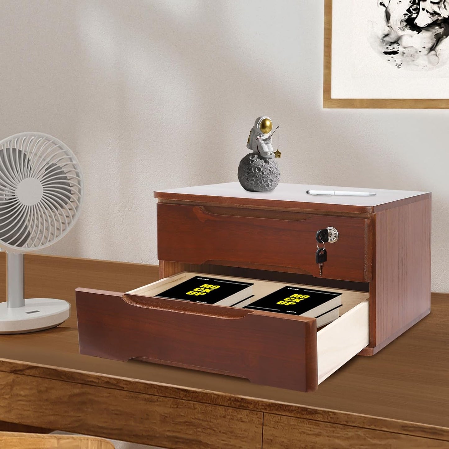 2-Tier Wooden Desktop Storage Box Desk Organizer with 2 Drawers and Lock Countertop Drawers Organizer for Office Supplies File Paper Cosmetic Jewelry, 15.4x11.8x8.5 in (Dark Brown)