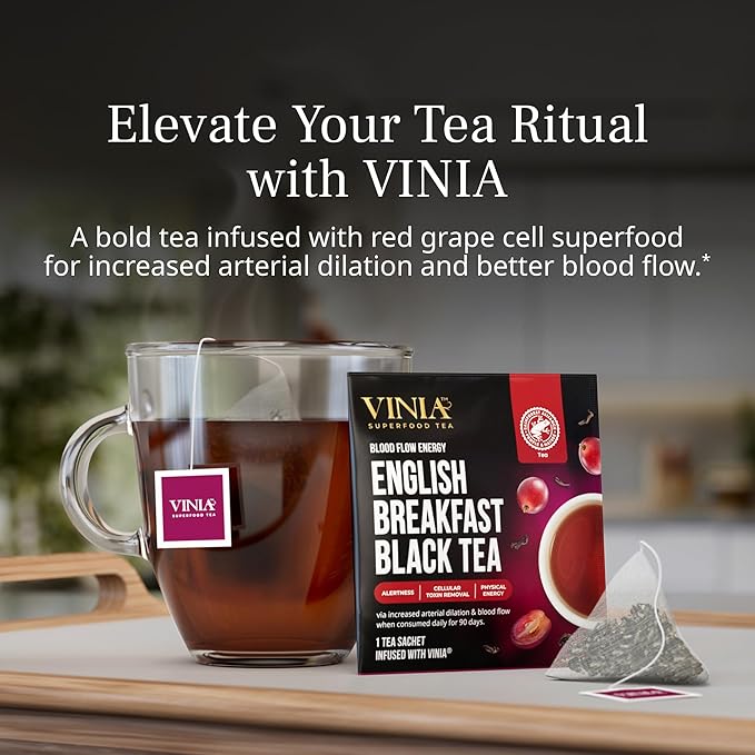 VINIA English Breakfast Black Tea Bags, Made with Organic Tea, Infused with Piceid Resveratrol for Heart Health, Nitric Oxide, Physical Energy, Alertness, Blood Flow, Keto, Kosher, NON-GMO. 30 Ct