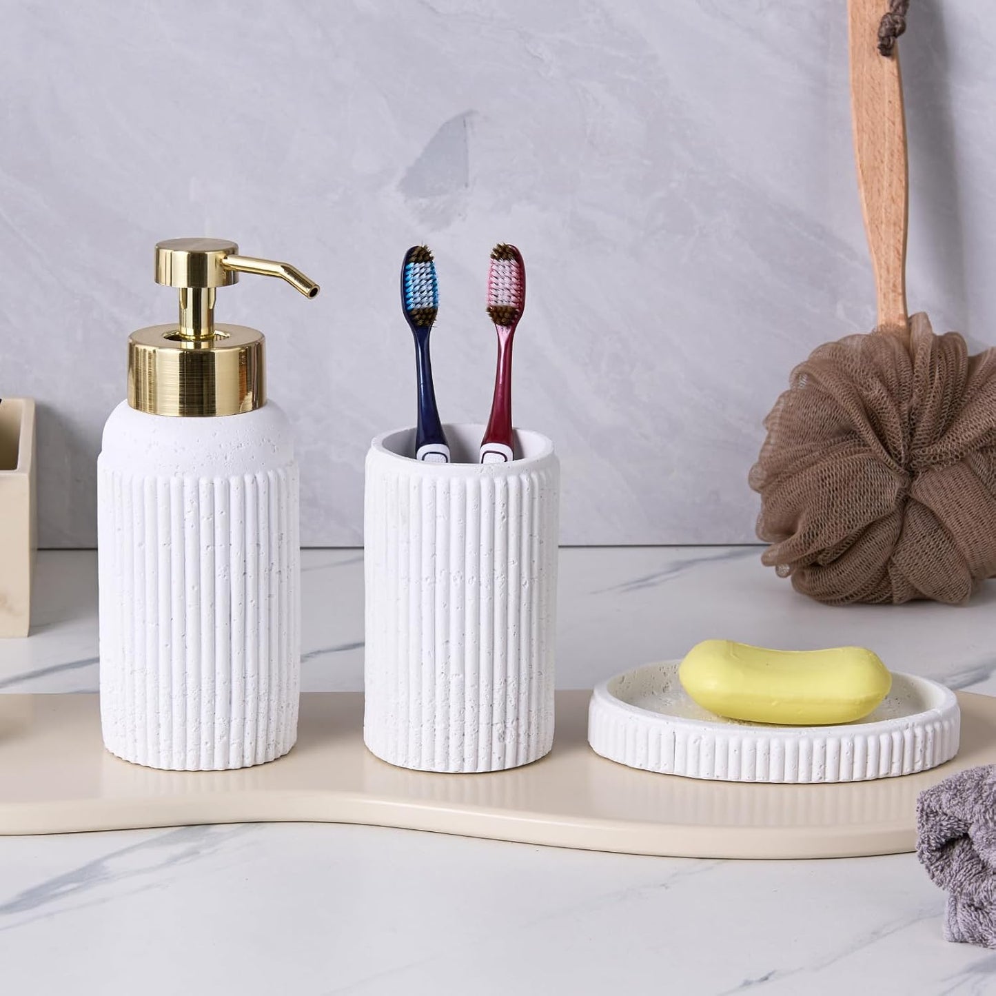 White Travertine Textures Bathroom Accessories Set 3 Pcs for Countertop - Toothbrush Holder Cup, Foaming Soap Dispenser, Soap Dish - Modern Resin Bathroom Décor Accessory Set for Housewarming Gift