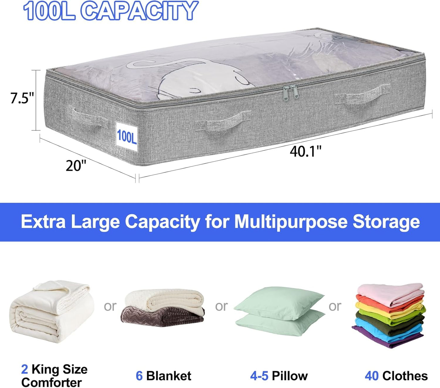 punemi Extra Large Under Bed Storage Containers (Non-Rigid) - 2-Pack, 20x40x7.5in Tall Storage Bins with Clear Lids - Ideal for Blankets, Comforters & Clothes - Long Storage for College Dorm Rooms