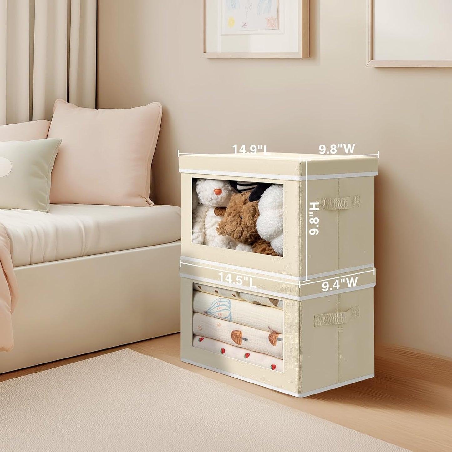 Storage Bins with Lids - Fabric Closet Storage Bins with Window, Collapsible Baskets for Shelves 4 Pack, Home Decorative Boxes for Clothes, Closet, Office, Beige