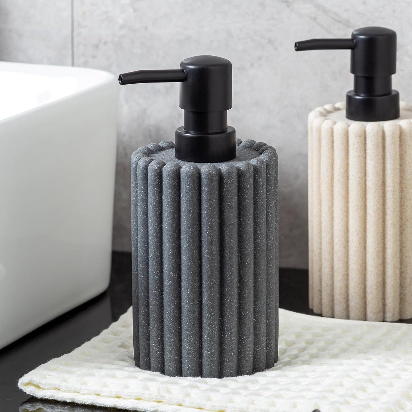 Soap Dispensers 350mL 11.84 OZ, 2 PCS Luxurious Hand Dish Lotion Shampoo Soap Dispenser Jar, Natural Stone Look Soap Pump Bottles for Kitchen Bathroom Countertop (Grey)