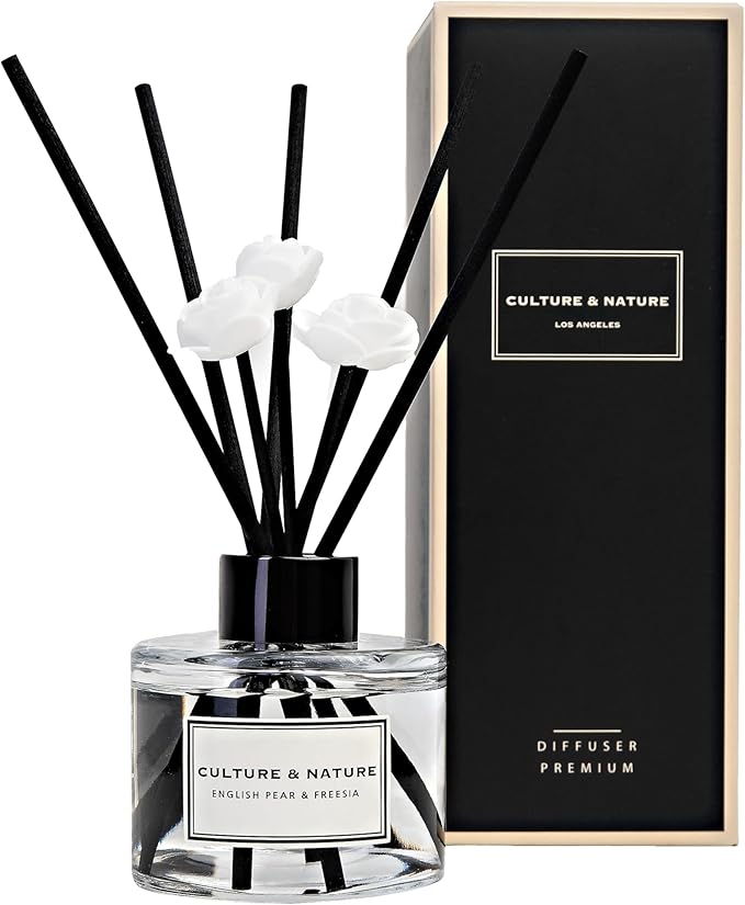 CULTURE & NATURE Reed Diffuser Set 4oz (120ml) English Pear & Freesia Scented Diffuser with Sticks Home Fragrance Reed Diffuser for Bathroom Shelf Decor