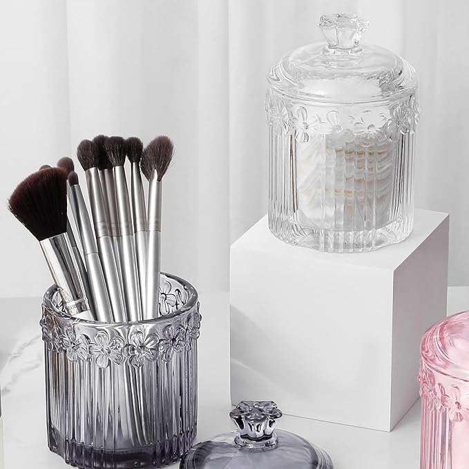 rejomiik 2 Pack Qtip Holder Glass Apothecary Jars with Lids Set Bathroom Canisters Dispenser Organizers and Storage for Cotton Swabs, Balls, Pads, Floss Picks, Candy, Grey