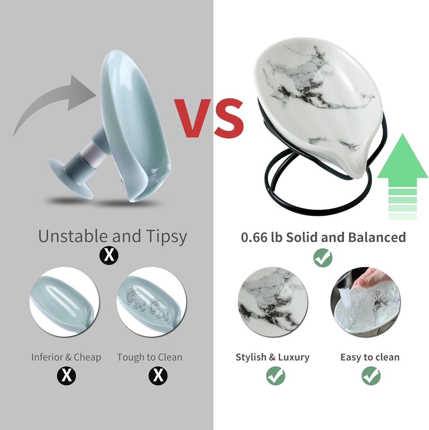 Leaf-Shaped Soap Dish – Ceramic Soap Bar Holder with Self-Drainage System – Bar Soap Holder for Shower, Bathroom Sink, Kitchen – Soap Dish with Stainless Steel Stand (White-Black-2 Pack)