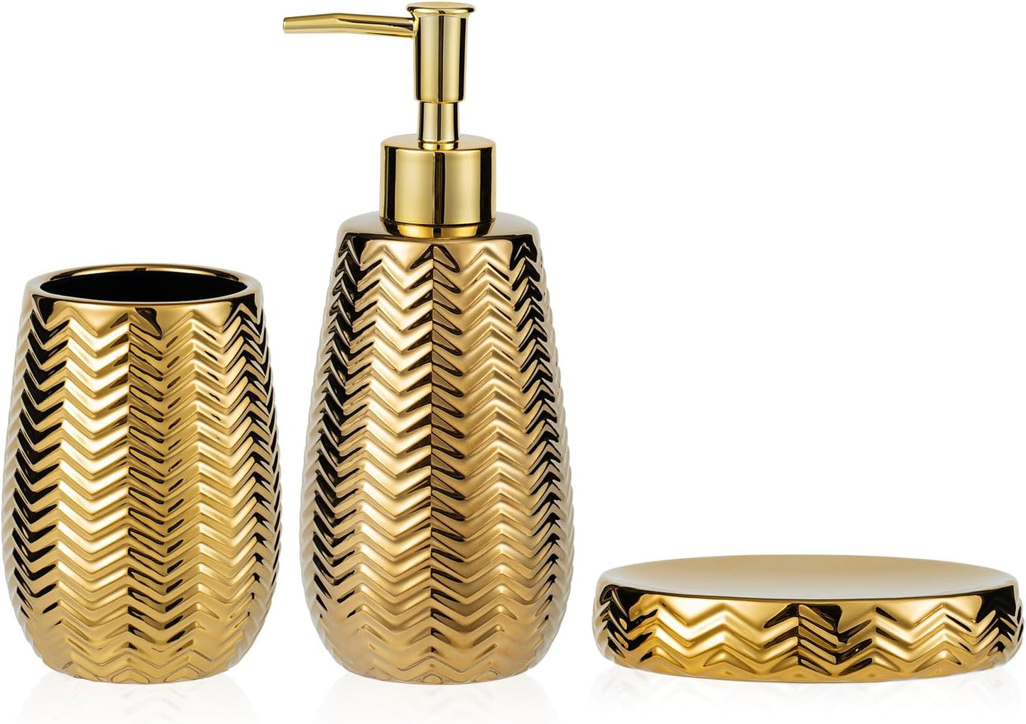 Gold Bathroom Accessories 3pcs Stylish Bathroom Accessories Set Gold Soap Dispenser Pump, Tumbler and Soap Dish Modern Decor Wavy Design Ceramic Bathroom Accessory Set