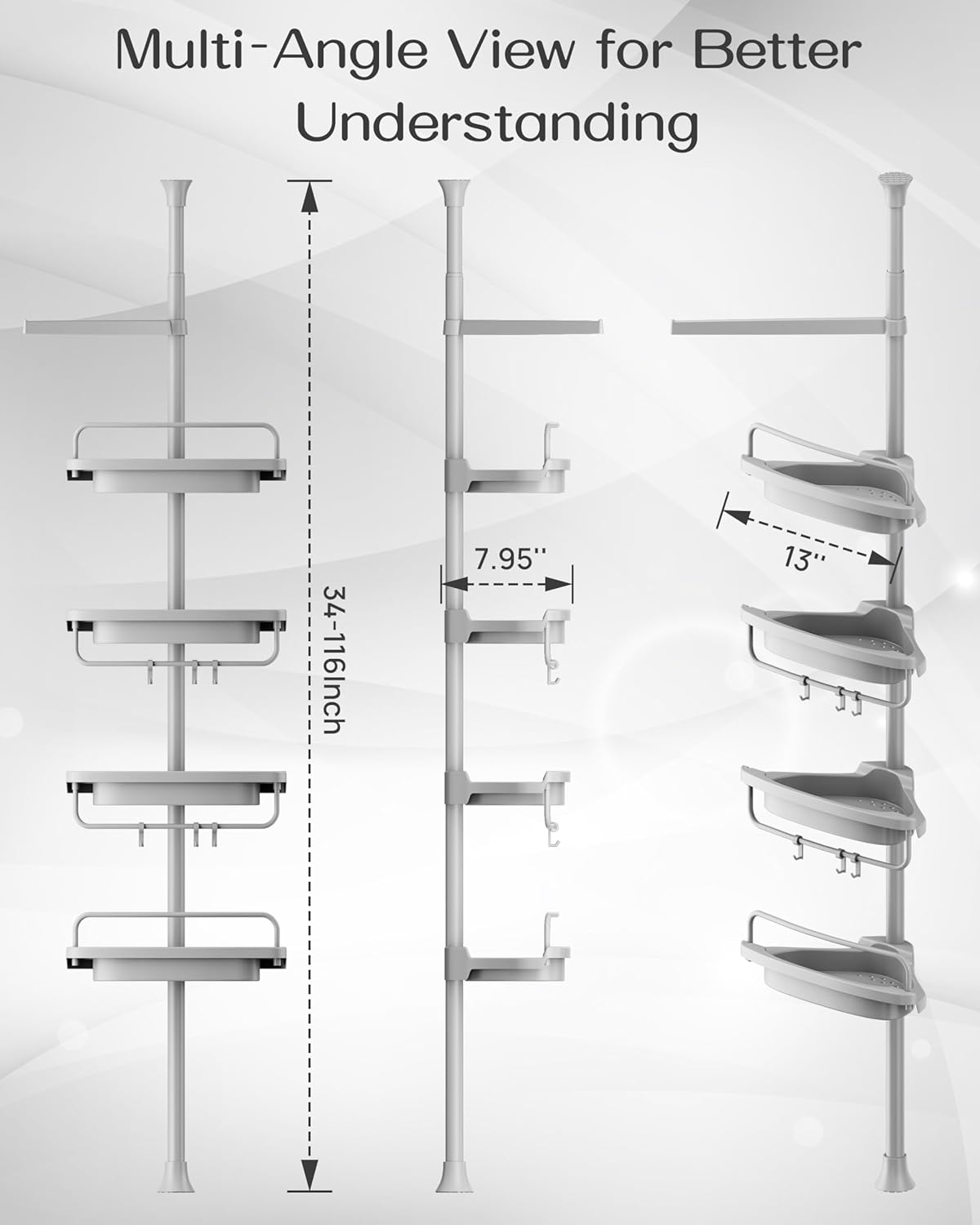 ALLZONE Rustproof Shower Caddy Corner for Bathroom,Bathtub Storage Organizer for Shampoo Accessories,4-Tier Adjustable Shelves with Tension Pole, 34 to 116 Inch, Grey