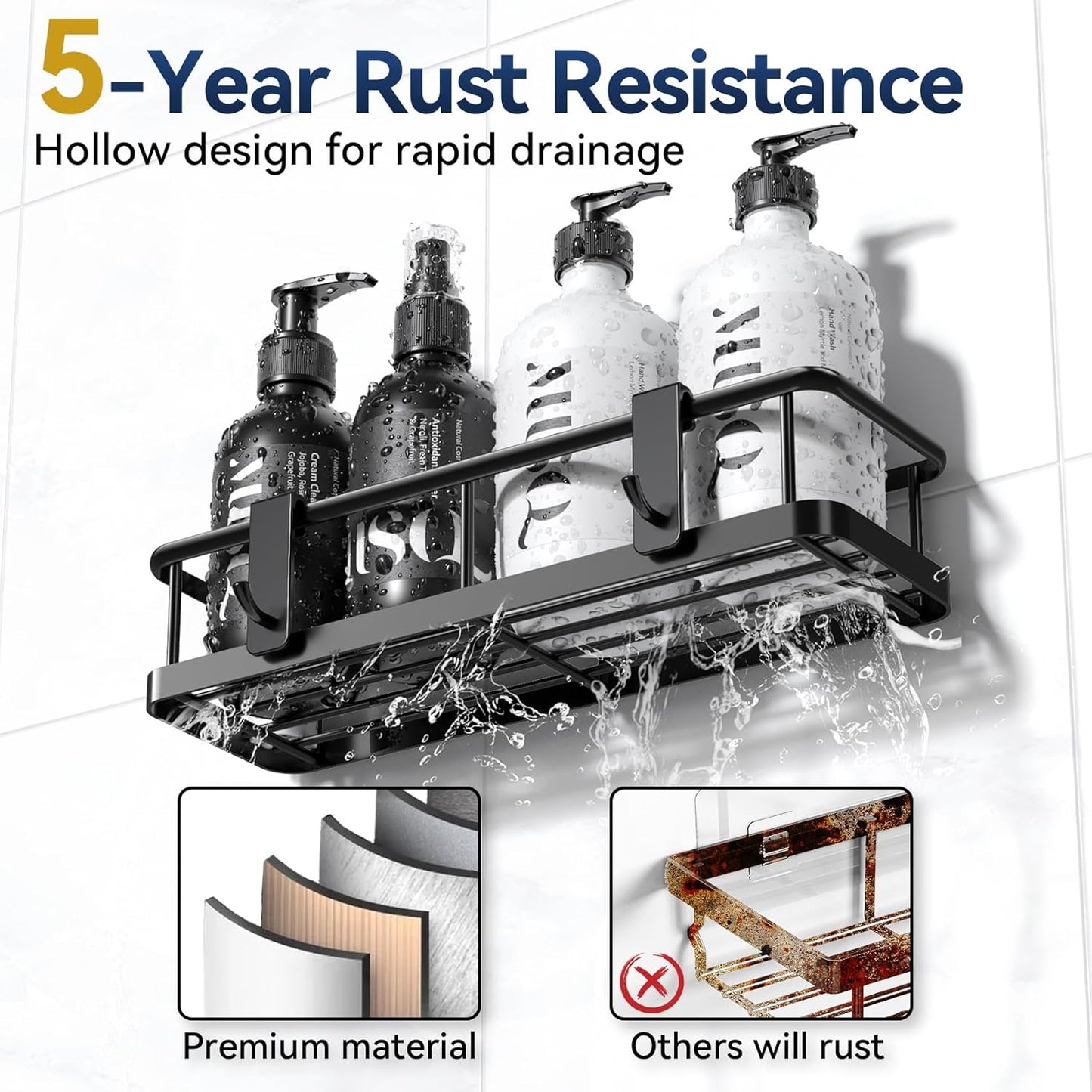 YASONIC Shower Caddy Adhesive, No Drill Bathroom Shower Organizers, with Removable Hooks and Soap Holder, Rust Proof Shower Shelves, Wall-Mounted Shower Holder, 3 Pack, Black