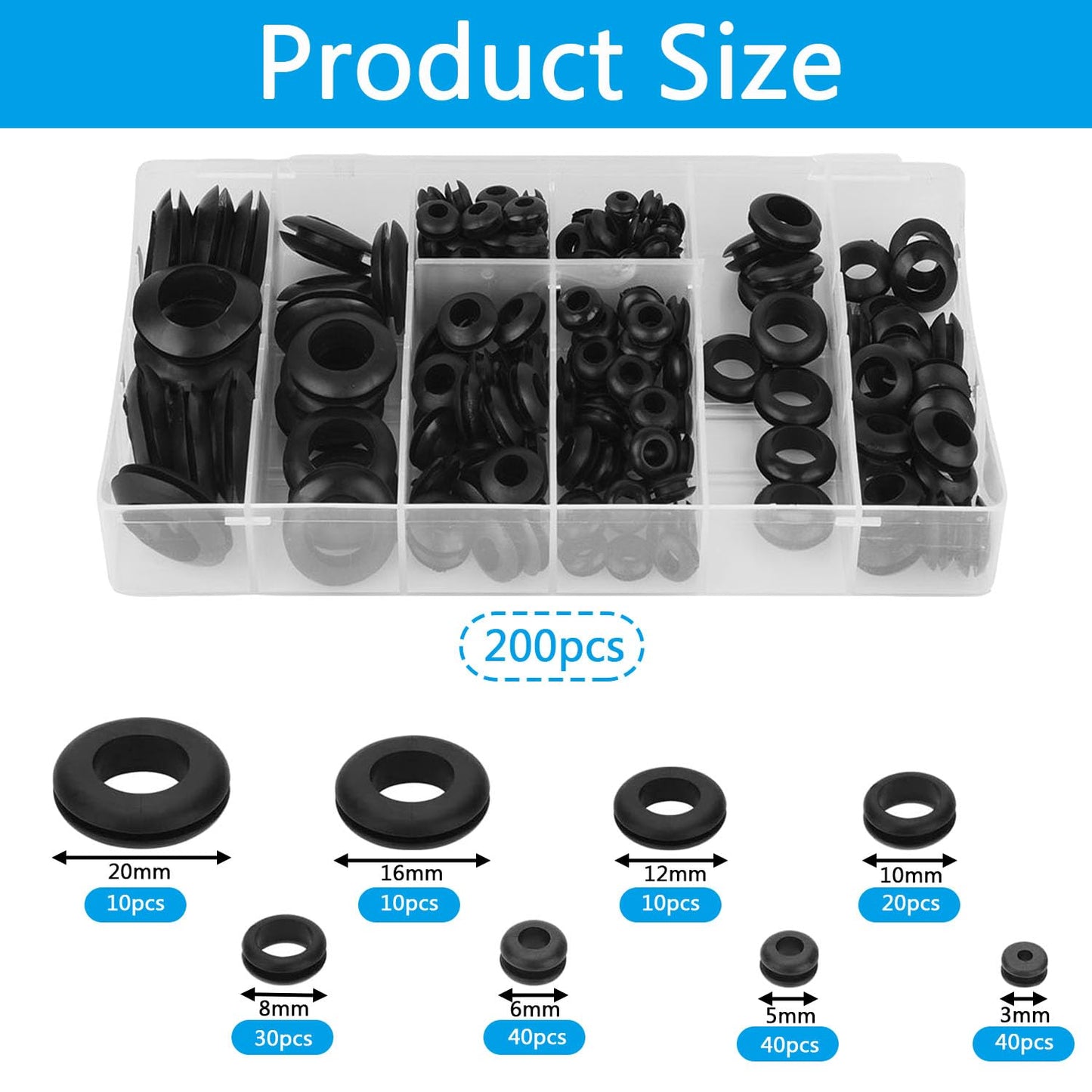 Rubber Grommet Kit - 8 Sizes 200pcs Rubber Hole Plugs Firewall Cable Single Sided Round Hole Cover for Wire Plug Home Improvement