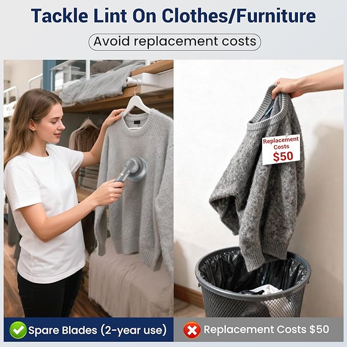 DBC Fabric Shaver, Lint Remover for Clothes with 3-Speeds and 6-Leaf Blades, 2hours runtime, 2 Replaceable Blades, Battery Operated, Sweater Shavers to Remove Pilling for Clothing, Lint Ball - Grey