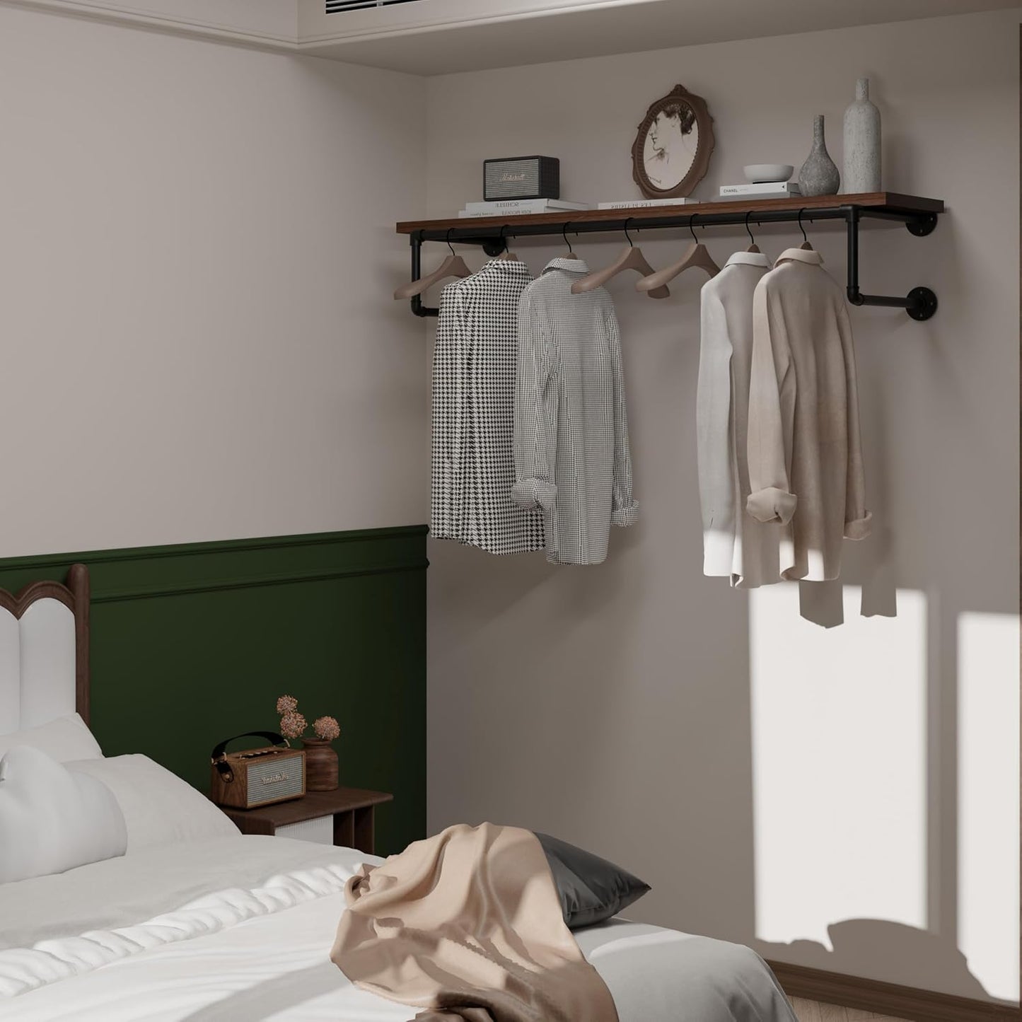 Clothes Rack 48in, Wall Mounted Garment Racks with Real Walnut Wood Shelf, Heavy Duty Hanging Clothes Rack, Multi-Purpose Hanging Rod, Space-Saving Closet Storage