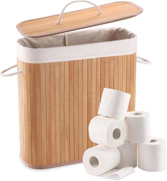 Bamboo Toilet Paper Storage with Lid & Handel, 8 Gallons (30L), Sturdy Toilet Paper Basket, Organizer for Bathroom, Kitchen, Holder with Storage, Natural