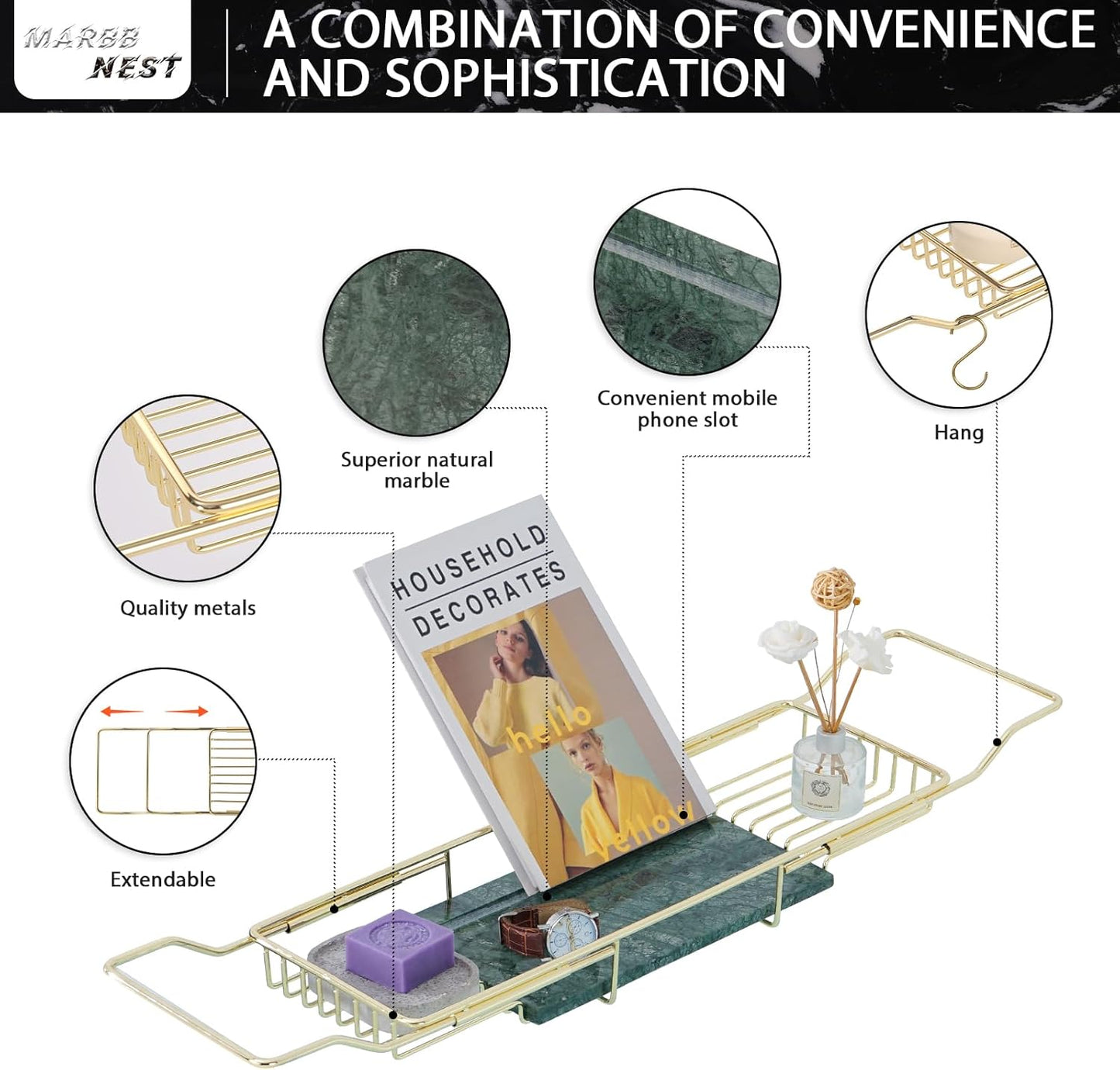 Bathtub Tray Caddy for Luxury Bath Expandable Extra Wide Bath Tub Tray with Natural Marble Tray and Mobile/Tablet Stand, Ideal for Home Spa Lovers(Gold + India Green)