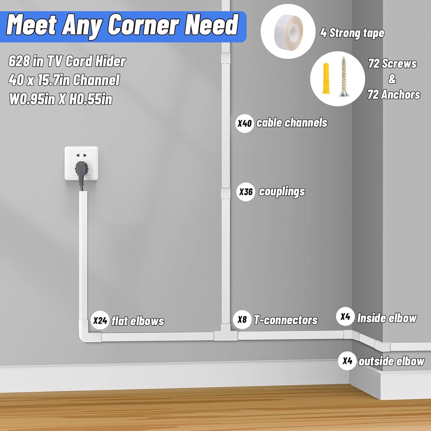 Cord Cover Raceway Kit, 628 in Cable Cover Channel, Paintable Cord Concealer System Cable Hider, Cord Wires, Hiding Wall Mount TV Powers Cords in Home Office, 40 X L15.7in X W0.95in X H0.55in