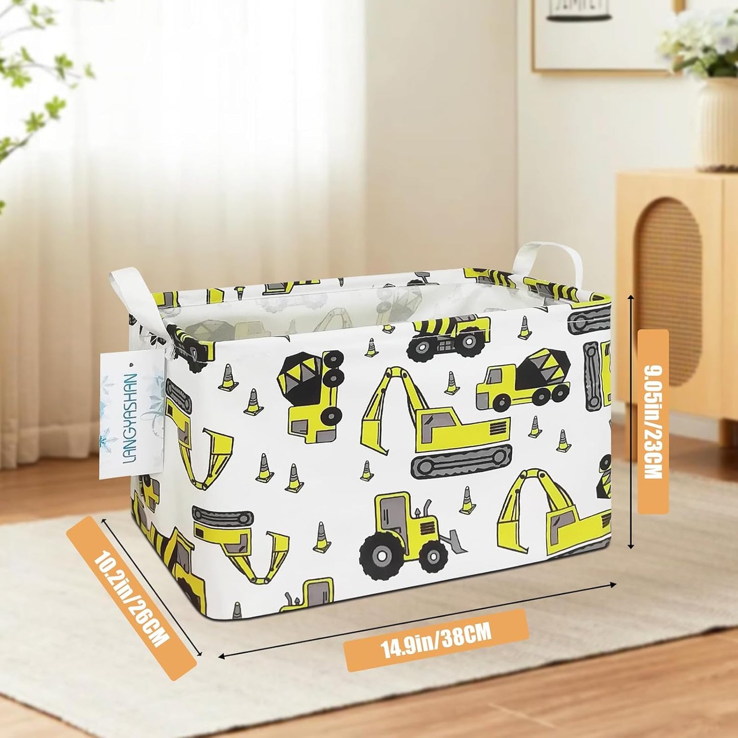 LANGYASHAN Rectangular Storage Bin Collapse Canvas Fabric Cartoon Storage Basket with Handles for Organizing Home Kitchen Boys and Girls Toys Office Closet Shelf Baskets (Rec Engineering Vehicle)