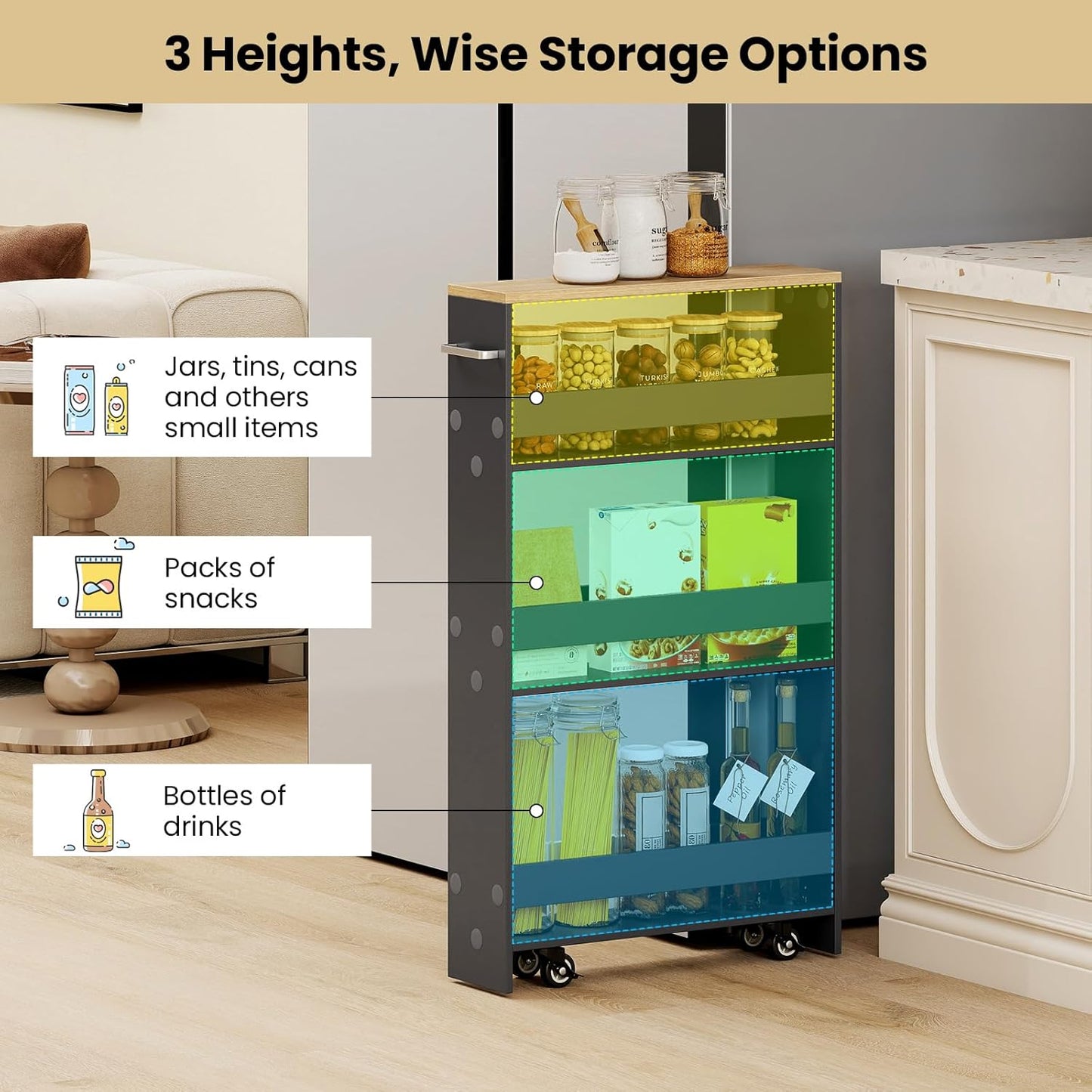 Small Kitchen Cart, 4-Tier Slim Rolling Island w/Handle, Laundry Room Storage Organizers Between Washer and Dryer, Narrow Spice Rack on Wheels Next to Fridge (Gray, 5'')