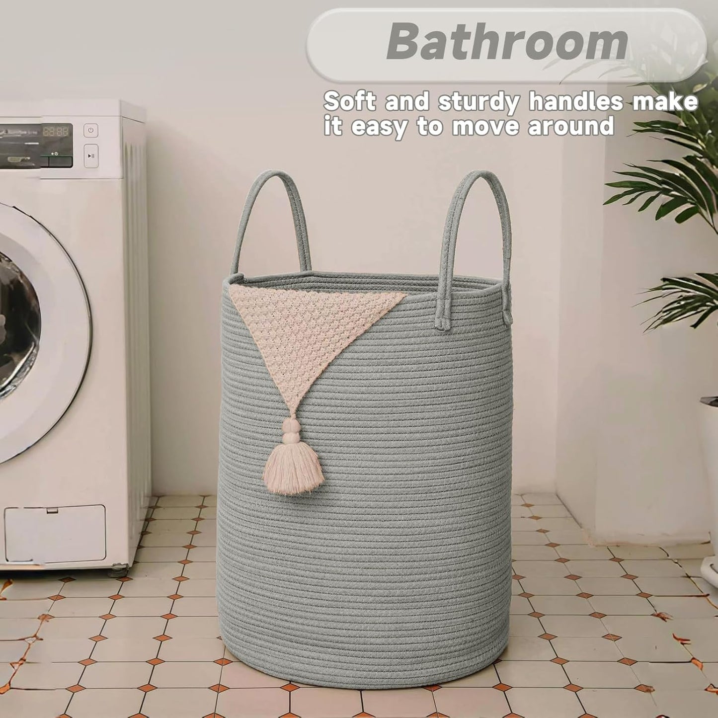 Large Woven Laundry Basket Hamper,60L Cotton Rope Storage Bin for Blankets,Toys and Clothes,Decorative Tall Nursery Hamper for Living Room,Baby Nursery,Bathroom and Bedroom,Grey