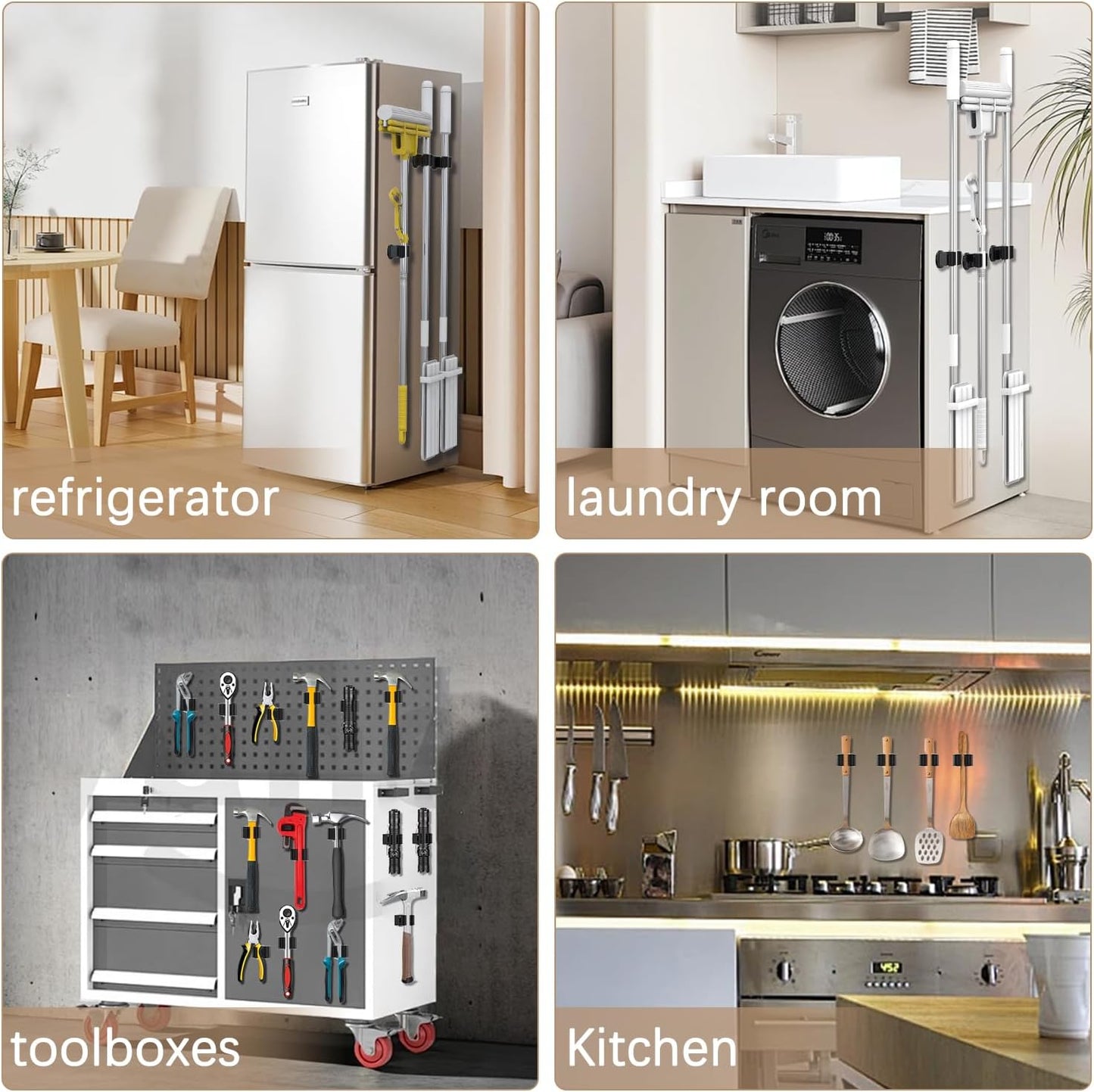 3-H Magnetic Broom Holder 4 Piece Set, 304 Stainless Steel Broom Holder Wall Mount, No Drilling Magnetic Tool Holder with 2 Mini Magnetic Hooks for Garage Garden Laundry Kitchen, Black