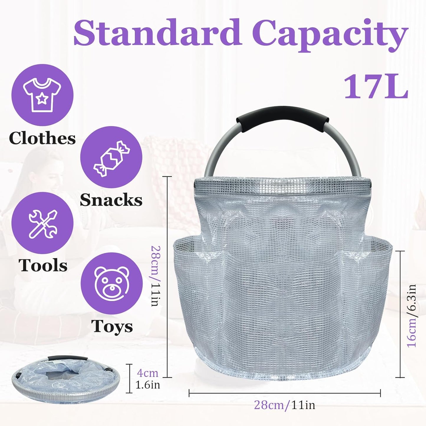 17L Portable Shower Caddy with Handle, Foldable Cleaning Supply Caddy in PVC Resin, Picnic Basket with 6 Side Pockets, Multifunctional Storage Basket for Bathroom, Picnics, Transparent