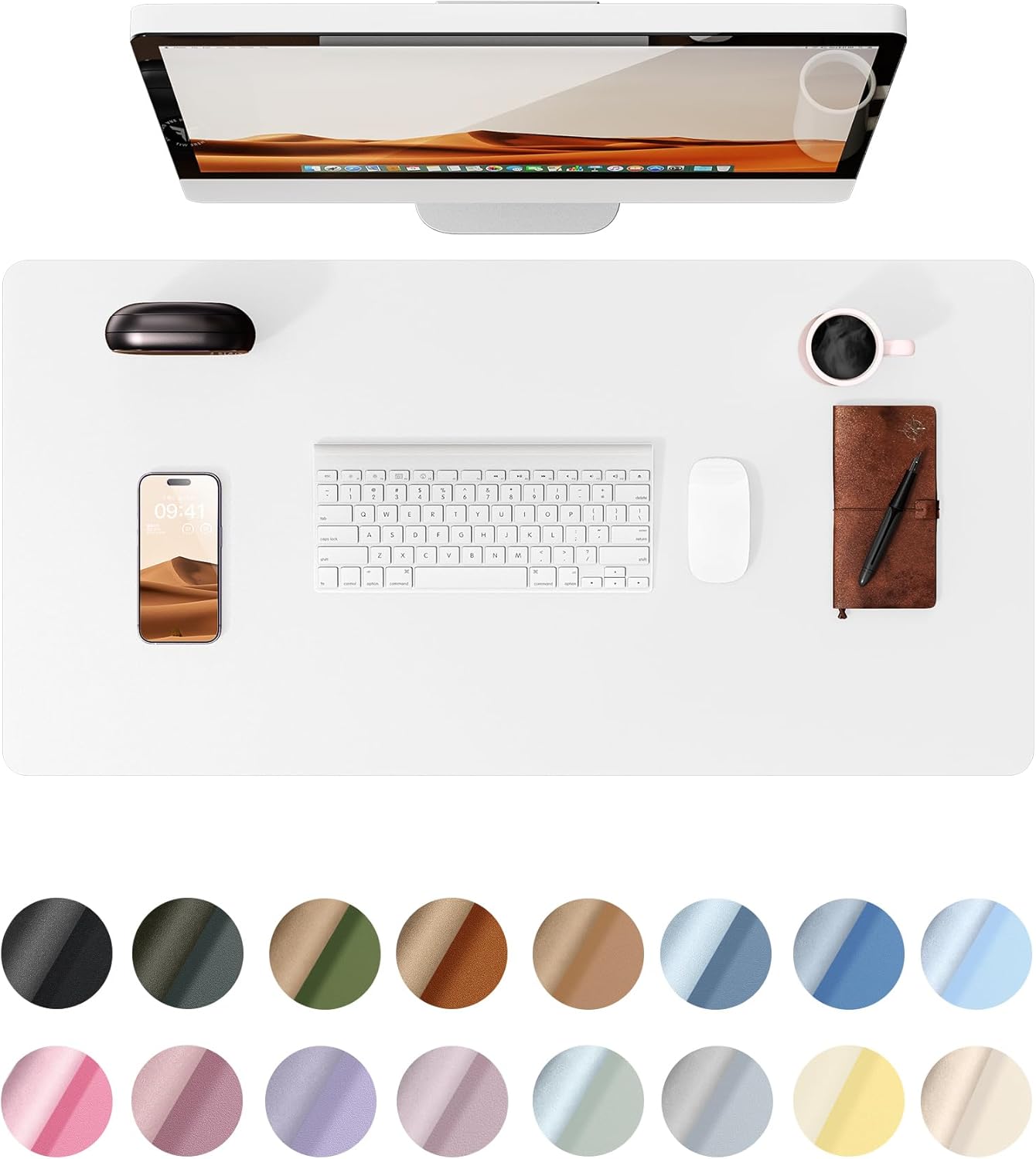 YSAGi Leather Desk Protector, Office Mat, Large Mouse Mat, Non-Slip PU Leather Blotter, Laptop Desk, Waterproof Writing Pad for Office and Home (White, 23.6" x 13.8")