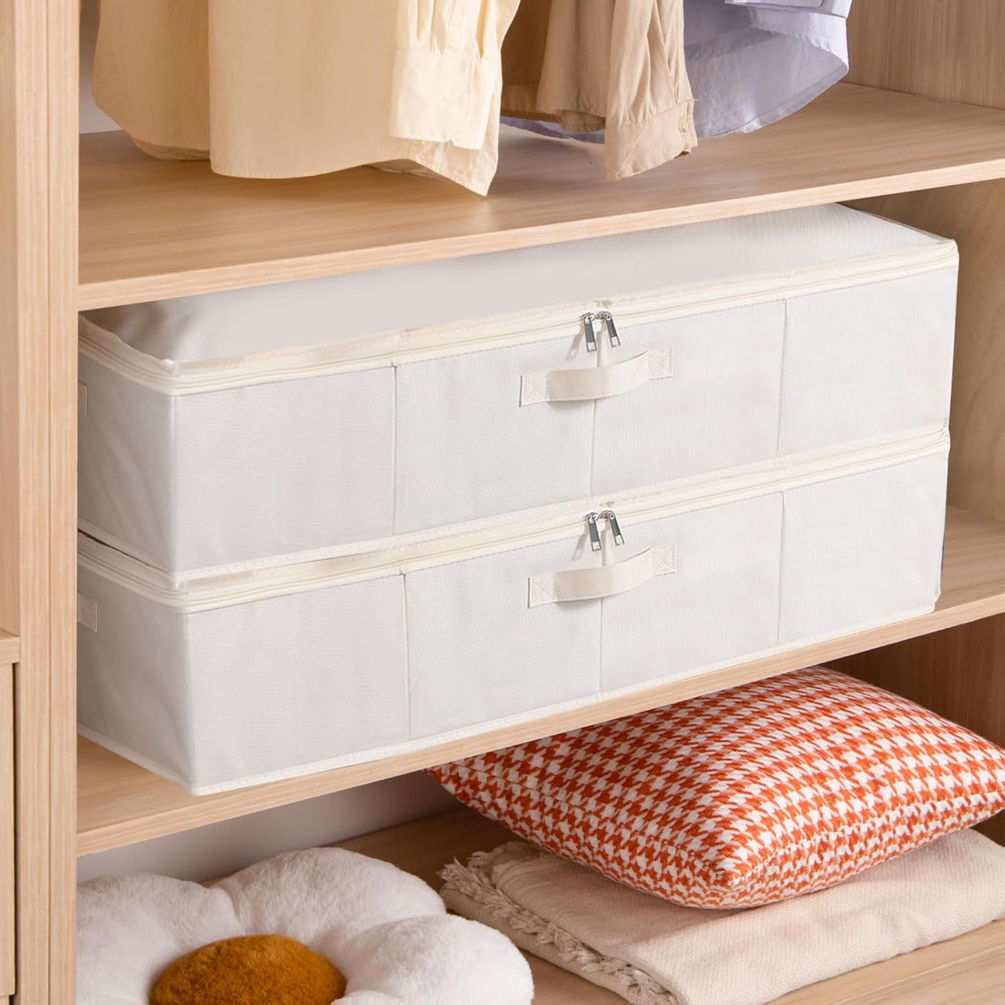 Underbed Storage Box, Clothes Organizer With Sturdy Structure and Reinforced Handles for Blanket, Sheets, Pillows, Towels, Shoes, Beige, 2 Pack, 31.5 x 15.7 x 5.9 Inch