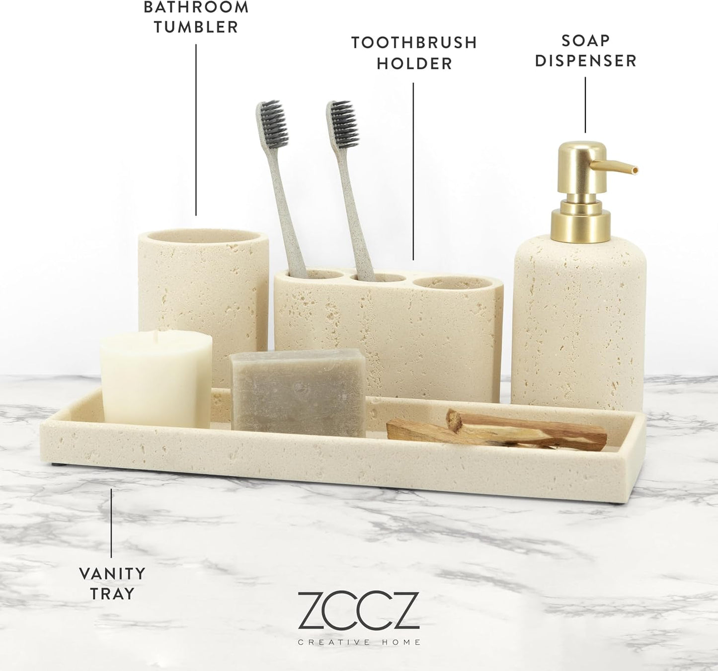 ZCCZ -Beige Bathroom Accessories Set 4 Pcs - Toothbrush Holder, Soap Dispenser, Vanity Tray, Bathroom Tumbler - Countertop Vanity Organizer - Bathroom Accessory Set- Toothbrush Holder Set, Stone Sets