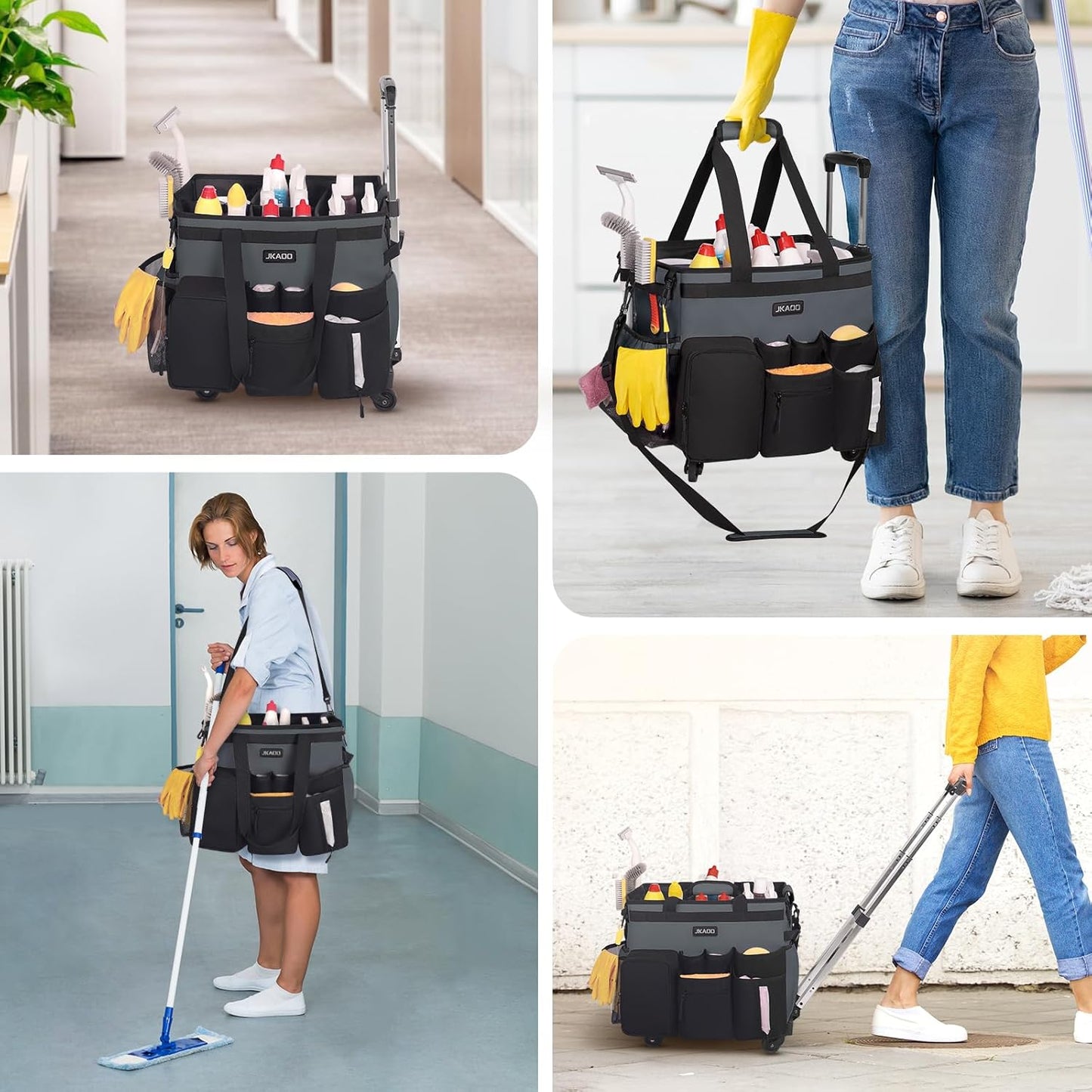 Large Rolling Cleaning Caddy Bag with Detachable Trolley, Waterproof Cleaning Caddy on Wheels for Housekeepers, Cleaning Cart Supplies Organizer for Home,Car,Office,Picnic(Gray)(InPatent)