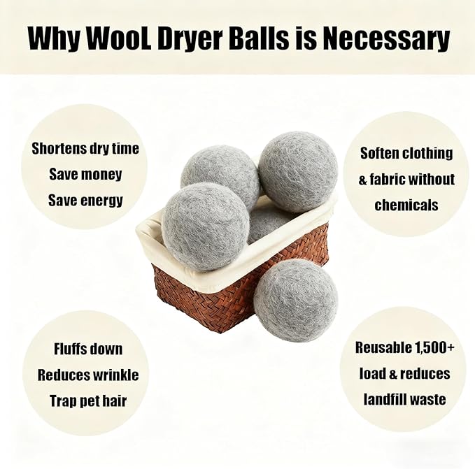 6 Pack Wool Dryer Balls Laundry Reusable Anti Static, Cotton Balls Wool Laundry Balls for Dryer Reduces Clothing Wrinkles Natural Fabric Softener Last 1000+ Loads (Grey, 2.75 in/7 cm)