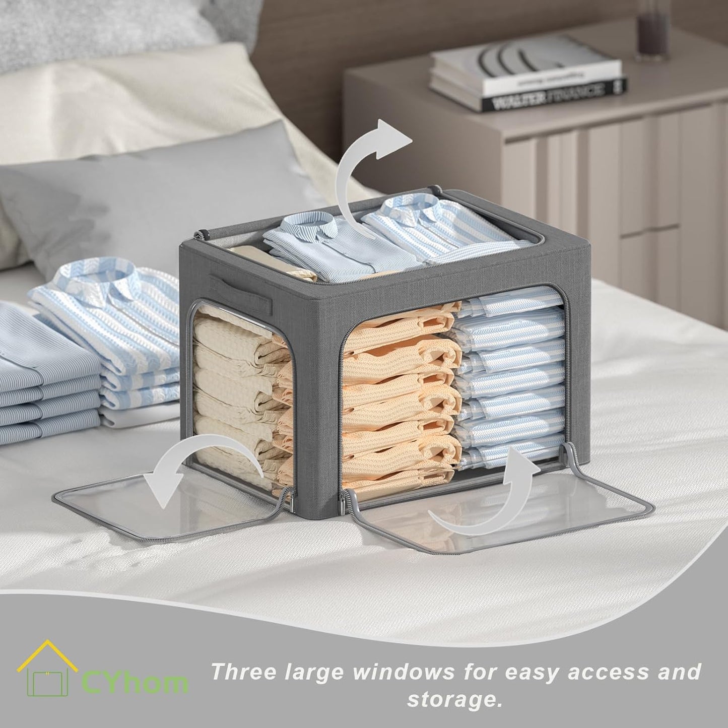 3 Openings Clothes Storage Bins Box - 3Pack Stackable Foldable Storage Bin - Metal Frame Storage Box Clothing Storage Organizer with Clear Window, Carry Handles (Drak Grey, 100L-23.6x16.5x15.7in)