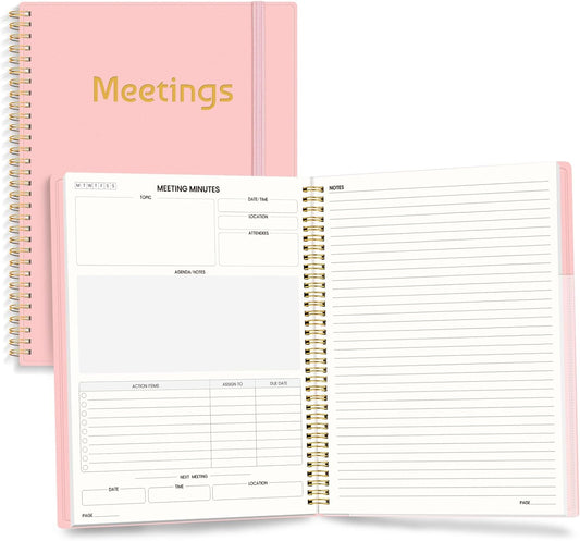 SUNEE Half Meeting Half Note 8.5"x11" Notebook for Work – 140 Pages, A4 Size Project Planner for Women&Men, Minutes Organizer for Meeting Notes, Ideas for Office/Business, PVC Waterproof Cover, Pink