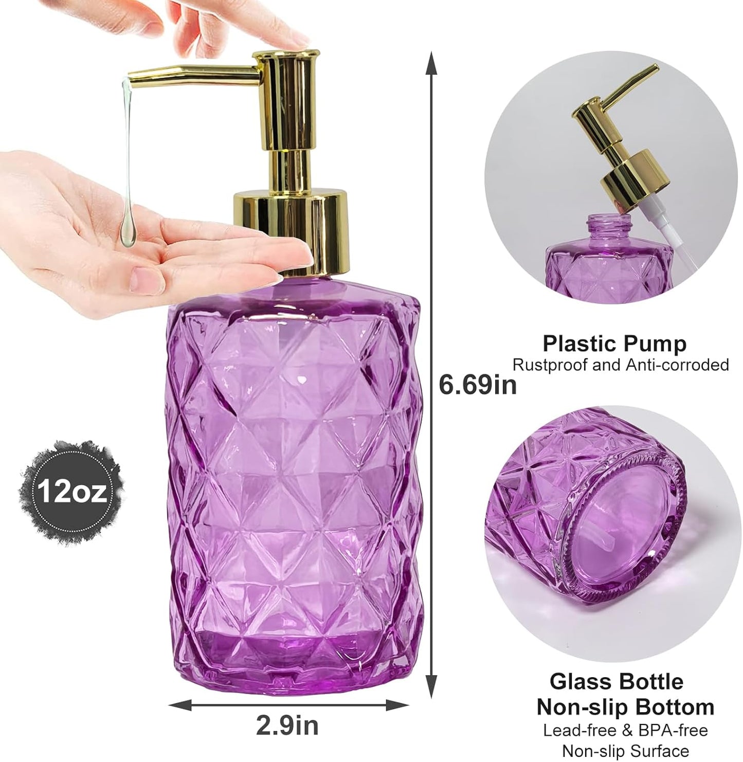 Glass Soap Dispenser with Gold Plastic Pump, 12oz Refillable Liquid Hand Soap Dispenser, Crystal Lotion Bottle for Modern Home Decor, Bathroom, Kitchen Countertop, Hotel(Rosy)