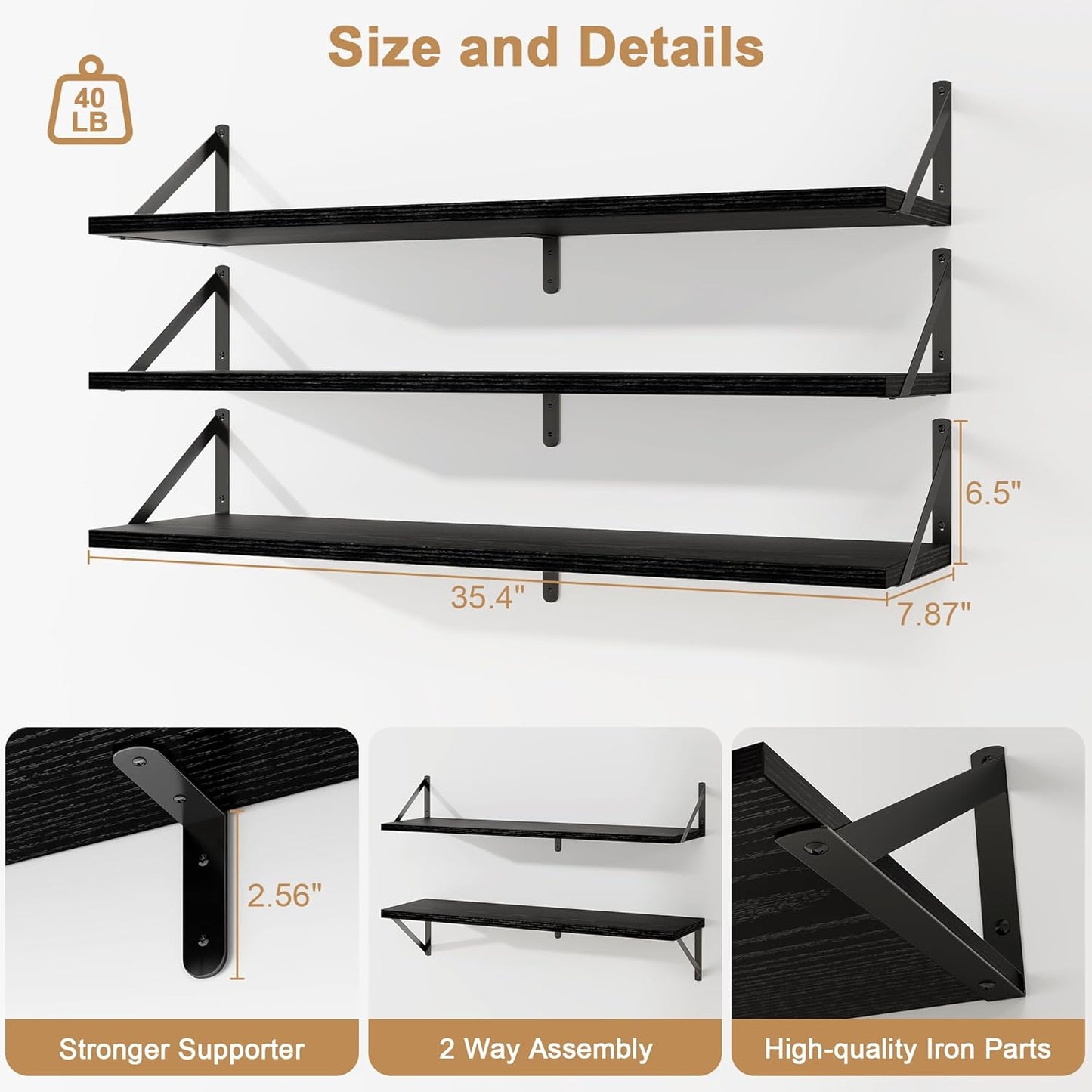 Fun Memories Floating Shelves for Wall, 36 Inches Long Set of 3 Wall Shelves for Bedroom, Floating Bookshelves with Metal Brackets for Living Room, Kitchen, Bedroom and Laundry Room (Black)